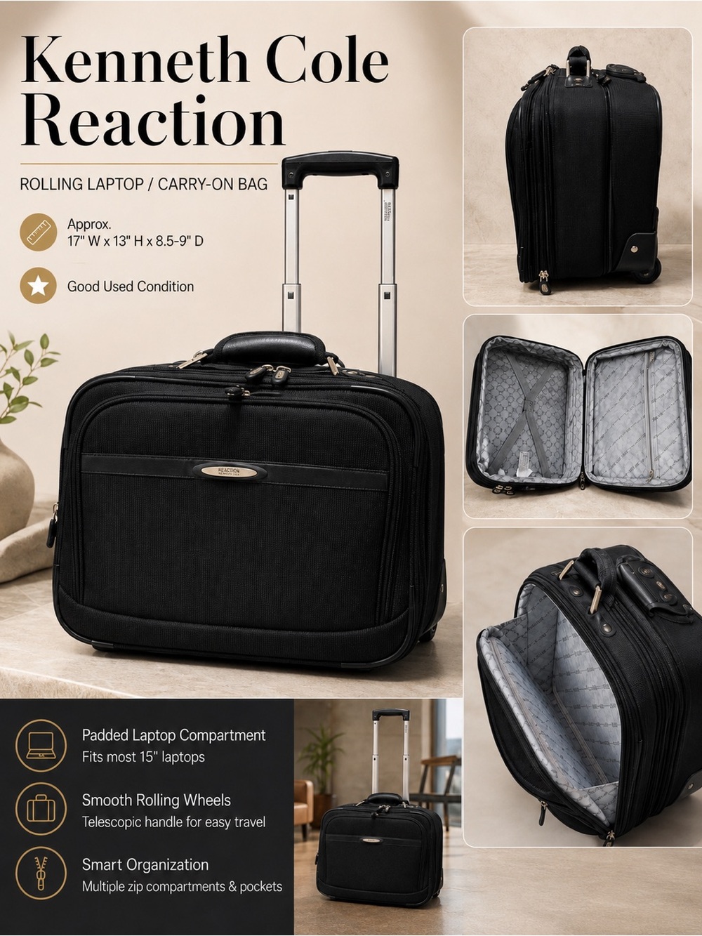 Kenneth Cole Reaction Rolling Laptop Briefcase Wheeled Carry On Black